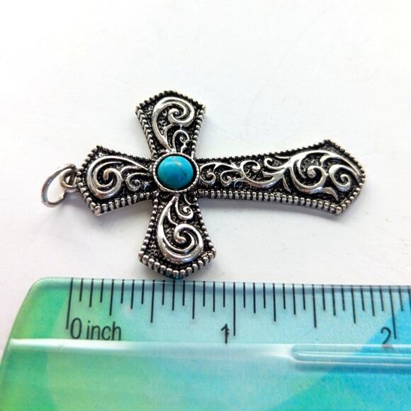 Southwestern Silver Tone Ornate Scrolling Floral Faux Turquoise Cross Pendant - Picture 3 of 3